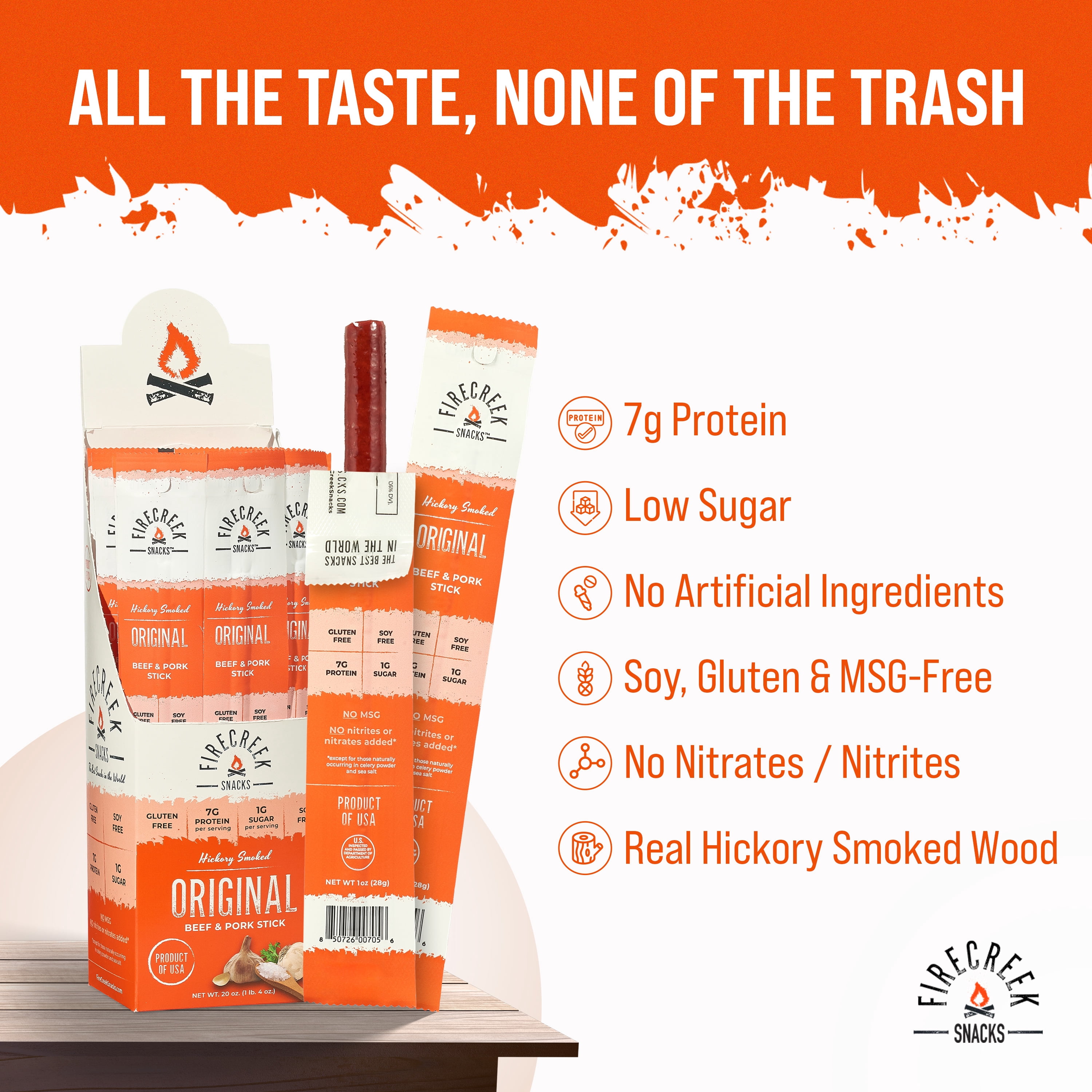 FireCreek Snacks Original Smoked Beef and Pork Meat Sticks, Gluten Free, High Protein Snack (Box of 20 - 1oz Ea)