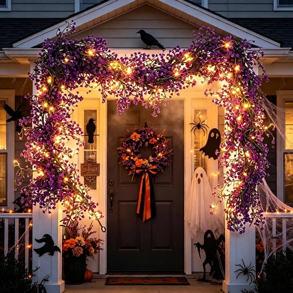 Linnome 70.8 Inch Halloween Glowing Artificial Rattan Decor - 6ft Spooky Vine Garland with LED String Lights for Fireplace, Stairs, Door, Window, Wall - Multi-Color Fall Festival Party Supplies