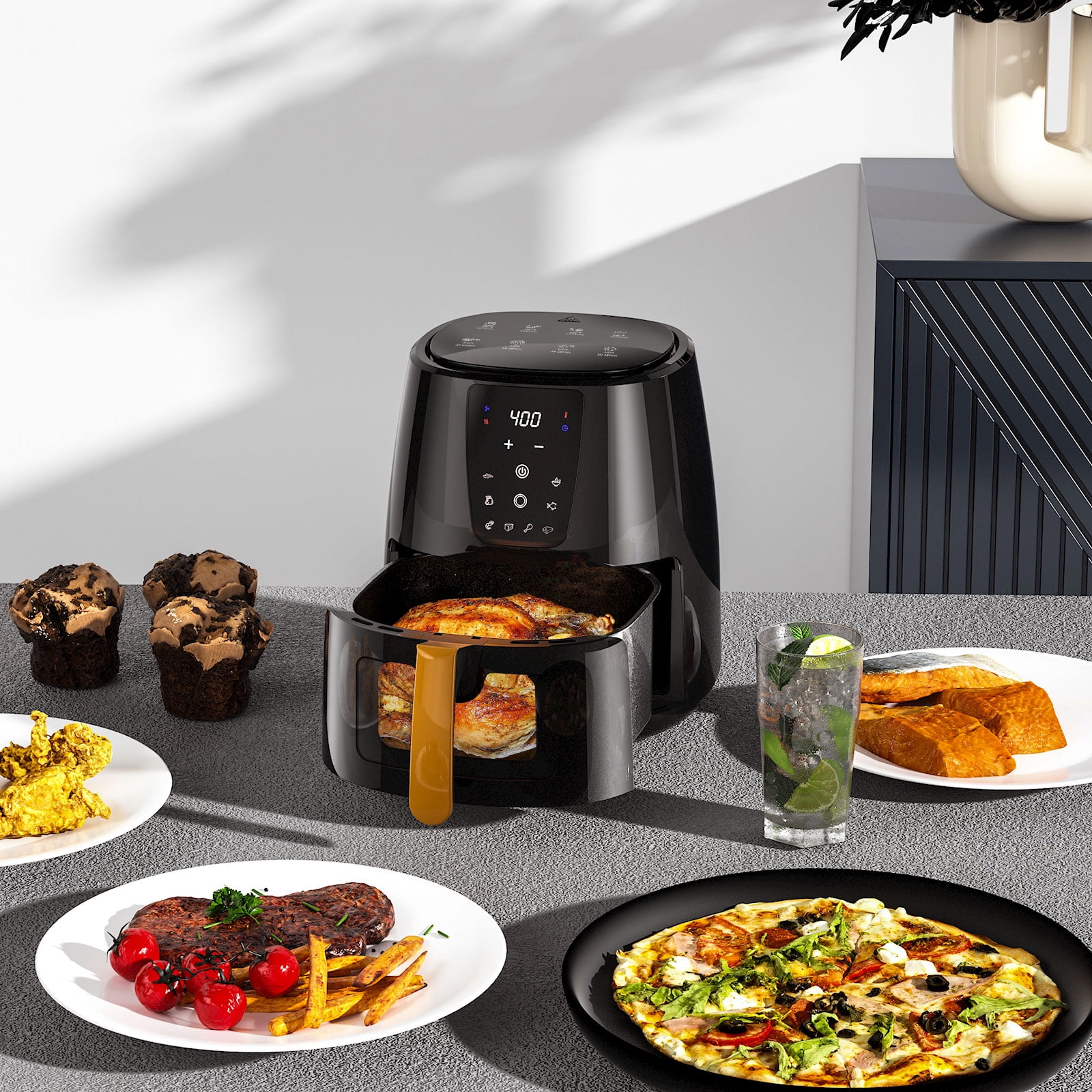 AboveMoon 6.0 QT Large Digital Air Fryer with Window for Kitchen Use,Nonstick Made,Touchscreen Display,400F,Customized Temp/Time,NonStick Basket,Black