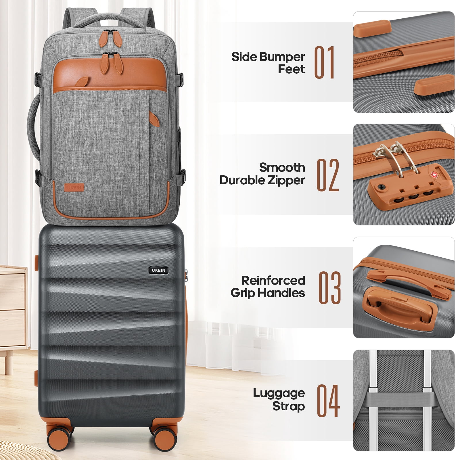 UKEIN Carry On Luggage 20 Inch Hardside Suitcase with YKK Zippers TSA Lock and Spinner Wheels Luggage Sets with Travel Backpack 3 Packing Cubes for Men Women