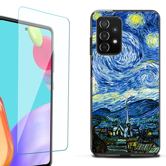 Slim-Fit Flexible TPU Gel Phone Case (black) for Samsung Galaxy A52 5G, with Tempered Glass Screen Protector, by OneToughShield ® - Starry Night Paris