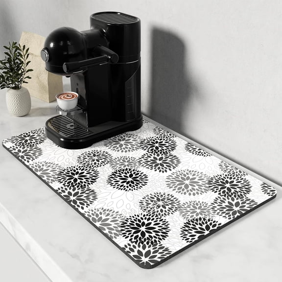 Coffee Mat, 12" x 19" Cute Coffee Bar Mats for Espresso Machine Station Accessories and Organizer, Hide Stain Rubber Backed Absorbent Dish Drying Pad for Kitchen Counter, Cartoon Flowers