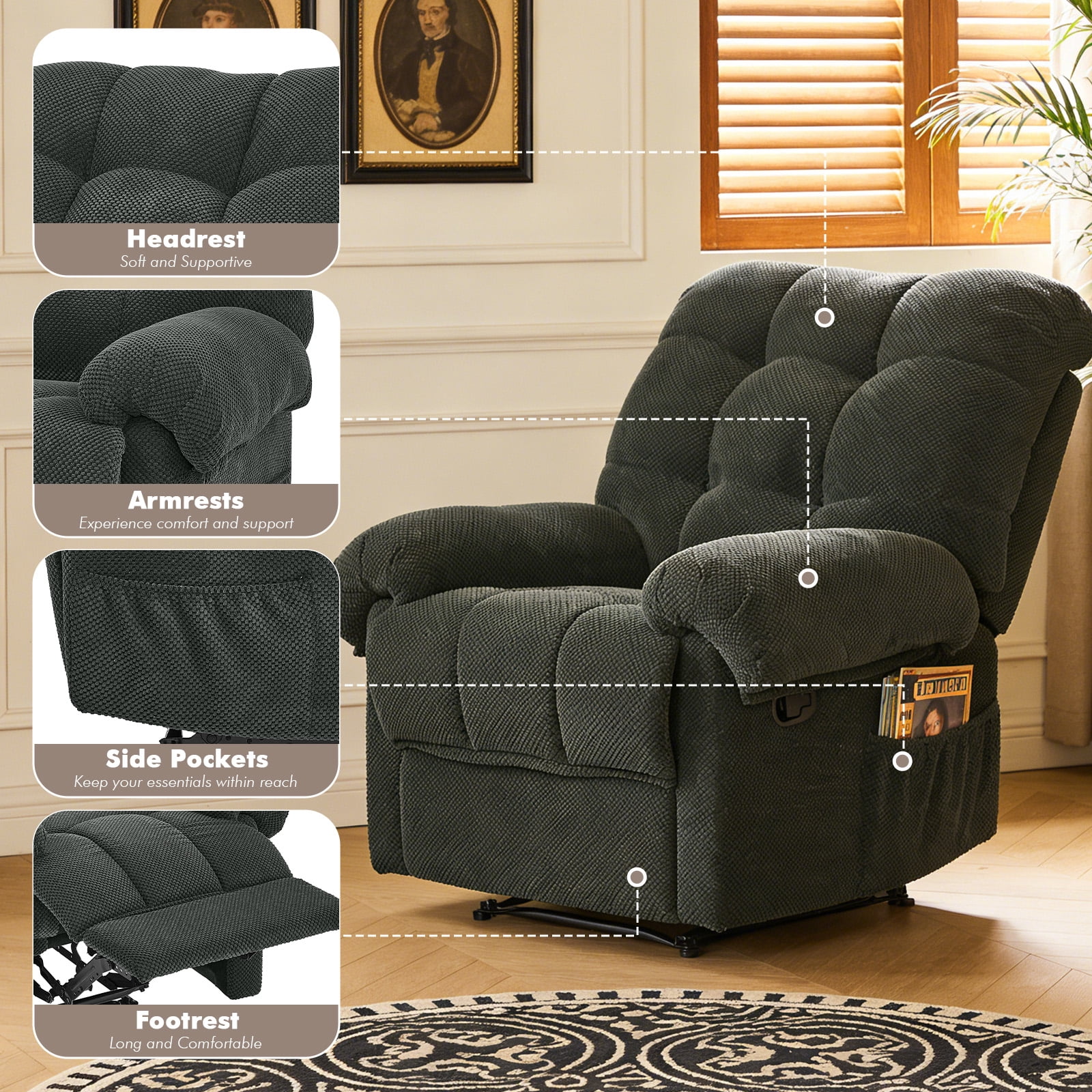 MOONMISS Recliner Chair, Comfortable Lay-Flat Sofa for Living Room,Gray