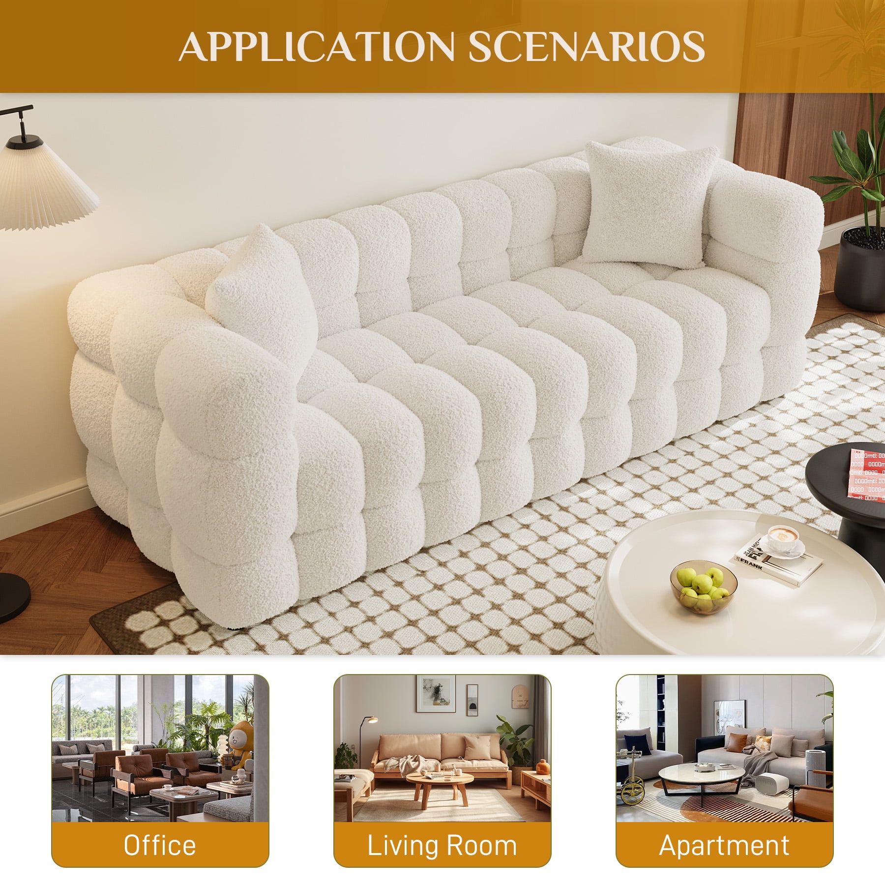 Wiilayok 80.3" Modern Tufted Upholstered 3 Seater Sofa with 2 Pillows，Comfy Sherpa Deep Seat Cloud Couch, Small Love Seat for Living Room Apartment, Beige White