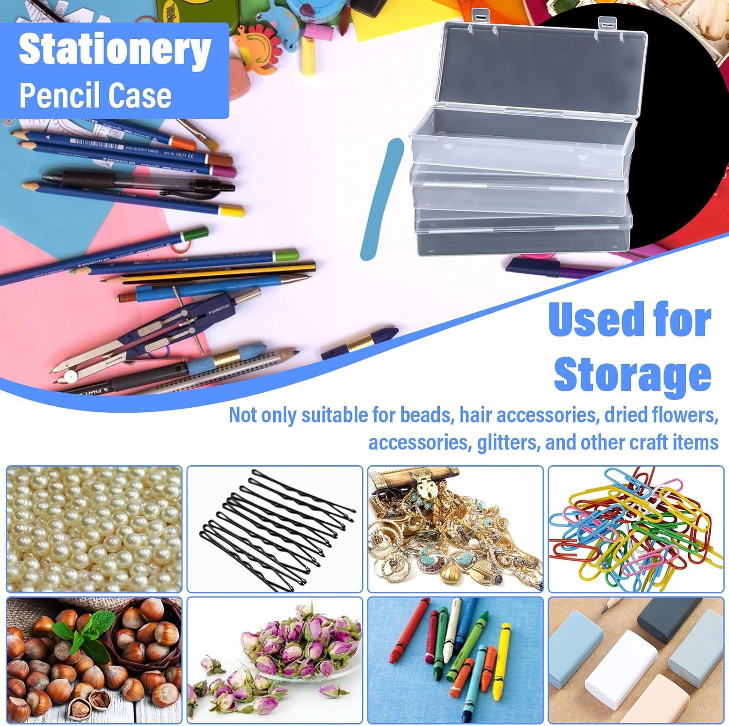 16 Pcs 6'' Plastic Storage Boxes, Small Storage Containers with Hinged Lids, Rectangle Clear Boxes for Beads, Jewelry, Game Pieces, Pens and Crafts Items(6.2'' x 1.2'' x 2.5'')