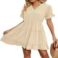 thumbnail image 4 of PENGXIANG Femmes Manches Courtes Mini Robe V Cou Volants Robes Décontractées une Ligne Fluide Été Plage Partie Robe de Soleil, 4 of 7