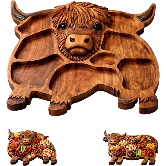 StlyGar Highland Cow Wooden Charcuterie Board,Rustic Farmhouse Serving Tray Handcrafted from Solid Wood with Compartments for Cheese, Meat, Fruits, Crackers and Snacks A