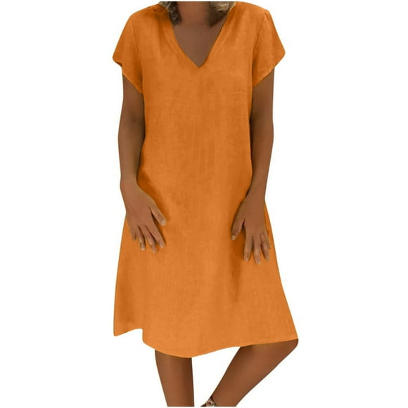 fartey Loose Dress for Women Summer Cotton Linen Short Sleeve V-Neck T-shirt Dresses Plain Fashion Casual Midi Dress