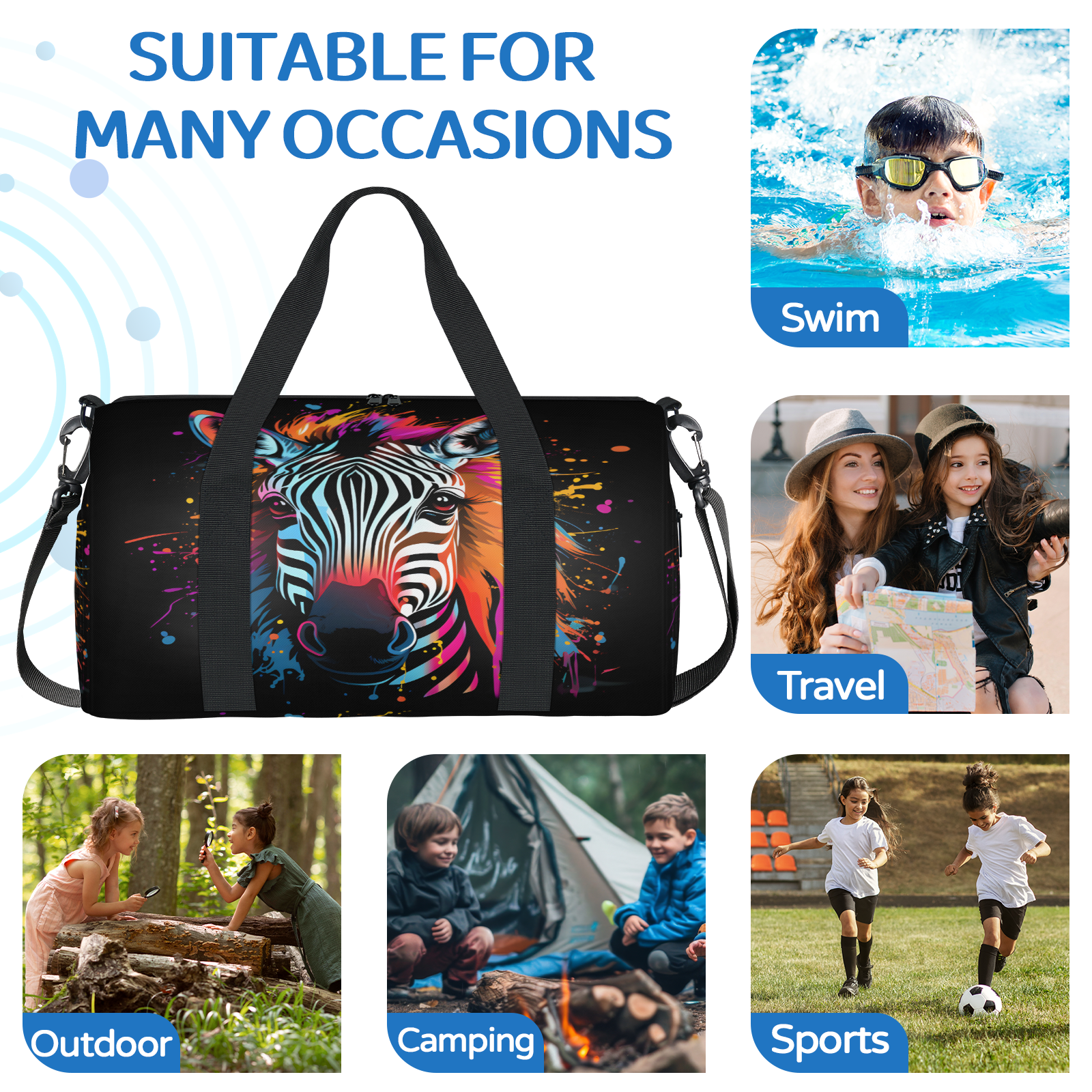 Herdesigns Doodle Zebra Gym Bag for Women, Duffle Bag for Travel Sport, Zebra Print Lightweight Waterproof Carry on Weekender Dance Yoga Workout Bags