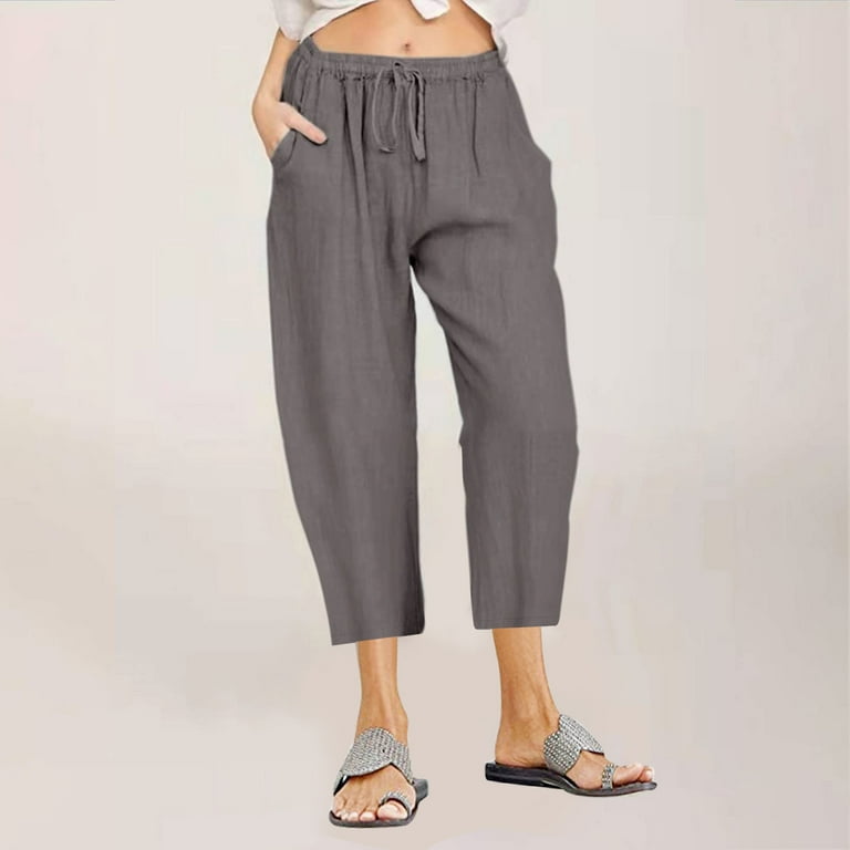 Summer Cotton Linen Capri Pants for Women Casual Loose Fit Lightweight  Womens Capris Crop Pants Trousers Elastic Waist 