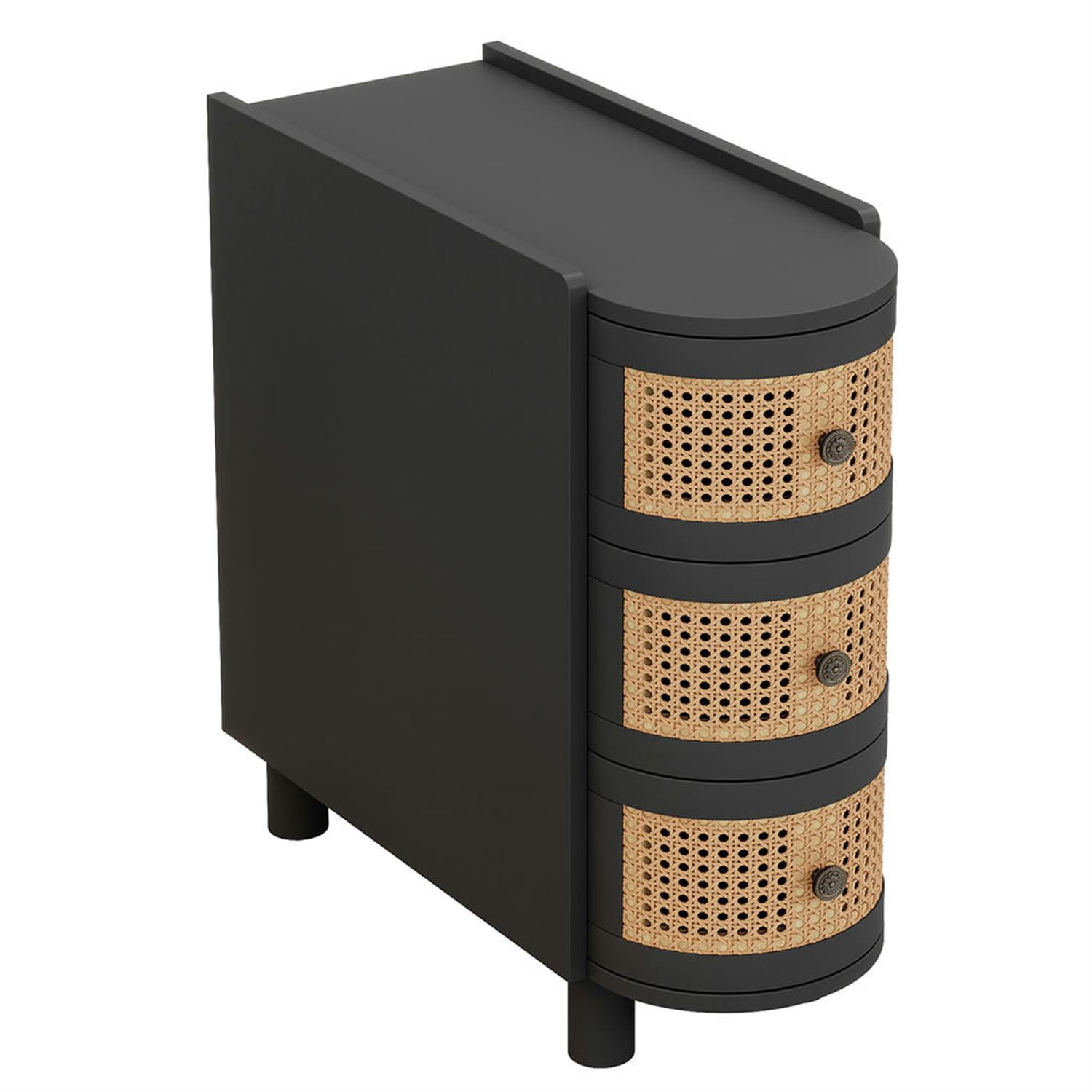 Demi Bonn 26" Wood Nightstand with 3-Drawers, Bedside End Table for Bedroom, Modern Rattan Side Table with Storage, Black