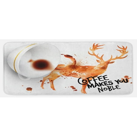 

Coffee Art Kitchen Mat Drink Beverage Inspirational Phrase with Deer Big Antlers Nature Plush Decorative Kitchen Mat with Non Slip Backing 47 X 19 Burnt Sienna Black White by Ambesonne