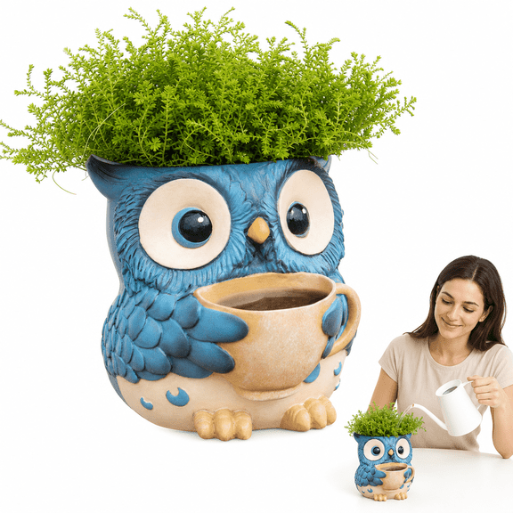 Unique Owl Planter, Cute Succulent Pots with Drainage Hole, Funny Resin Plant Pots for Indoor Outdoor Plants, Dual Purpose Plant Pot with Storage Groove, Mother Gift Ideas for Home Garden Decor