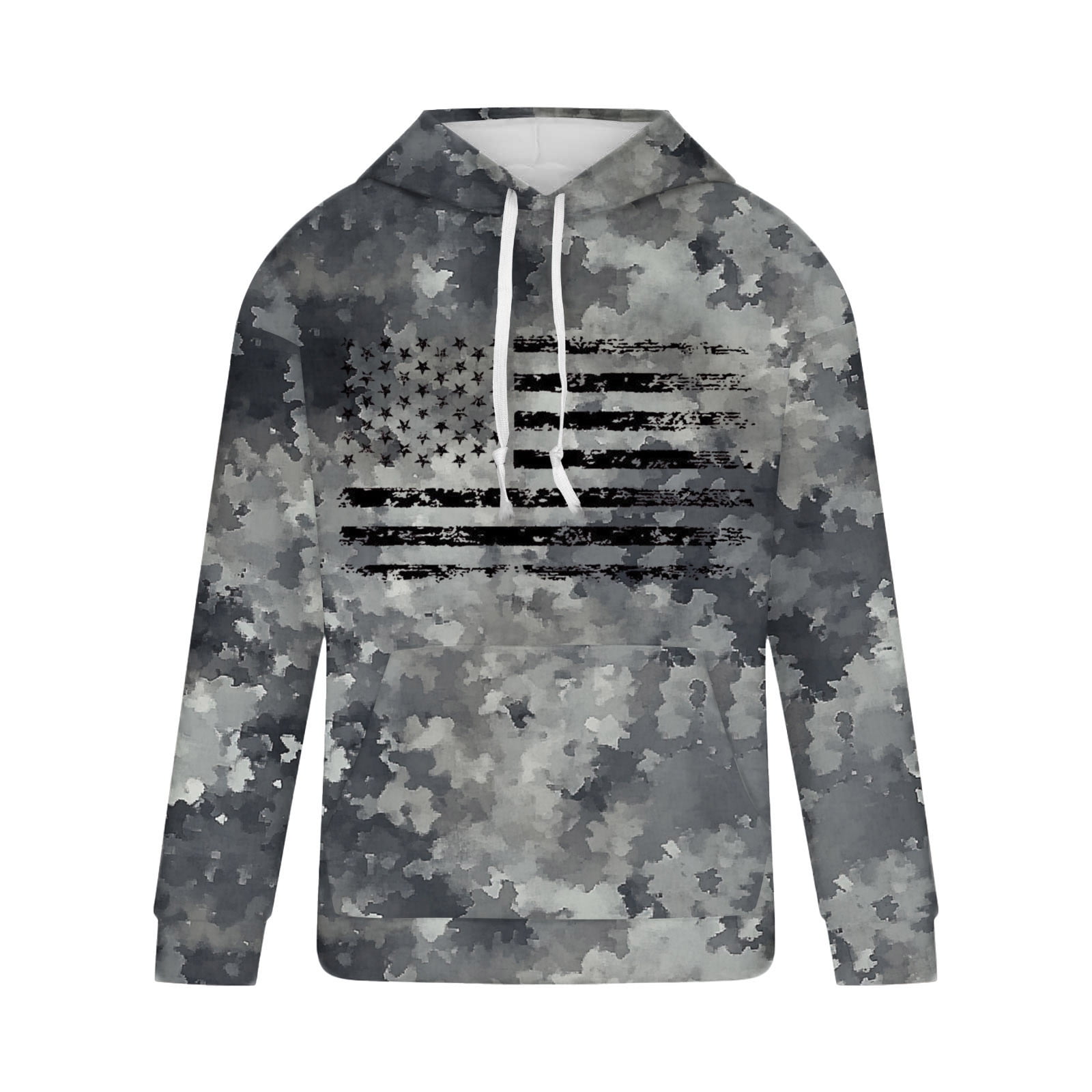 ZCFZJW Fashion Hooded Sweatshirts for Men Lightweight Regular Fit Casual Camo US Flag Print Long Sleeve Drawstring Hoodie Outwear Coat Patriotic Tops with Pocket Black L