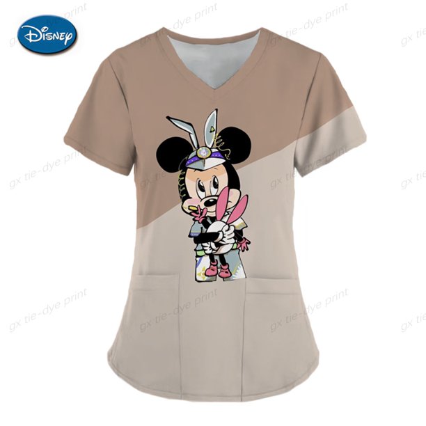 Minnie Mouse Tops Pocket Woman Clothes Summer T-shirt Mickey Hospital T-shirts Disney Nurse Uniform Top Women 2023 V Neck TeesXXL Gao Jinjia LED