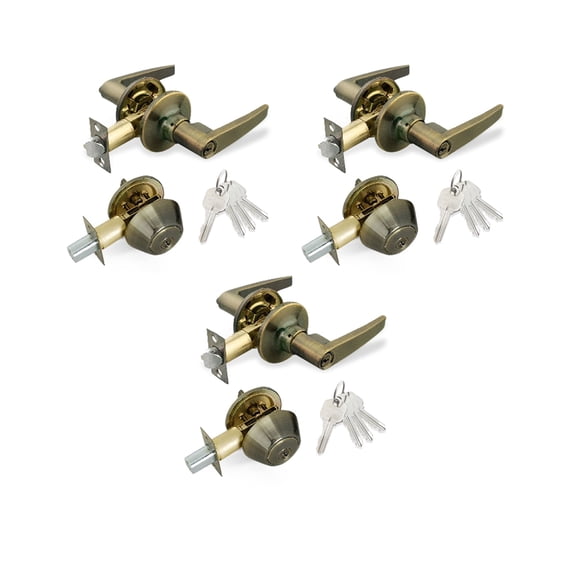 Antique Brass Entry Lock Set Door Lever Handle and Deadbolt Keyed Alike KW1 Keyway