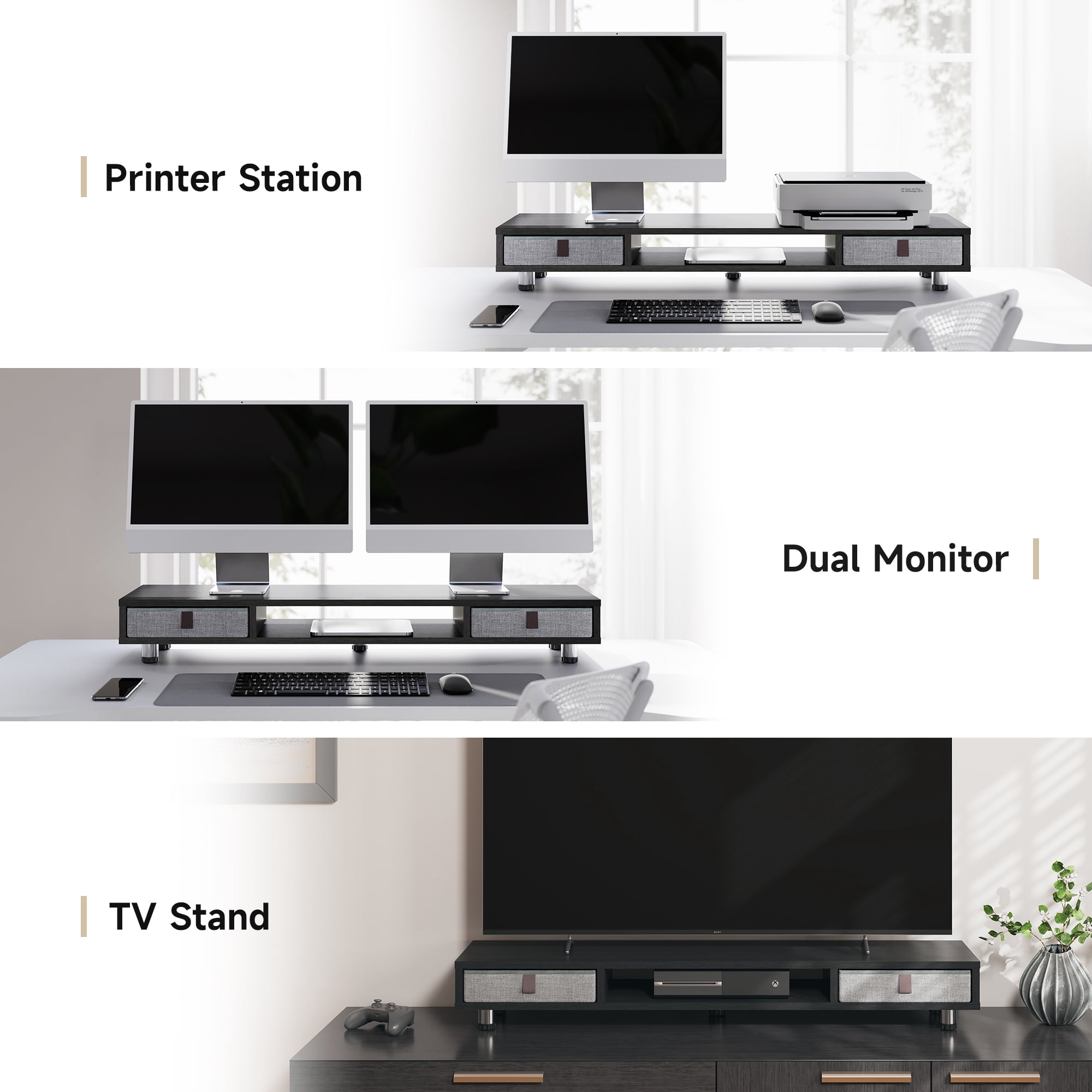 Fenge Monitor Stand, Dual Monitor Stand with 2 Drawers