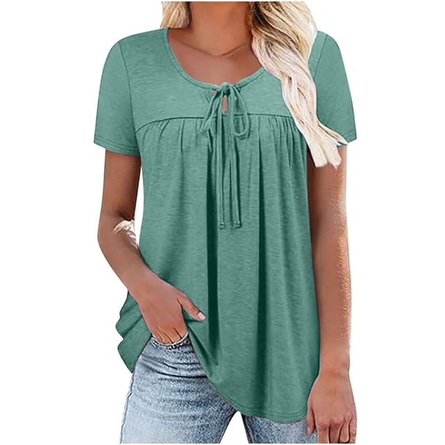 GZWYHT Grande Vente! Chemises pour Femmes, Chemises à Manches Courtes, Hauts d'Été Plissés Col Rond Tunique à Manches Courtes, Chemises d'Entraînement, Blouses pour Femmes Vert Armée TG