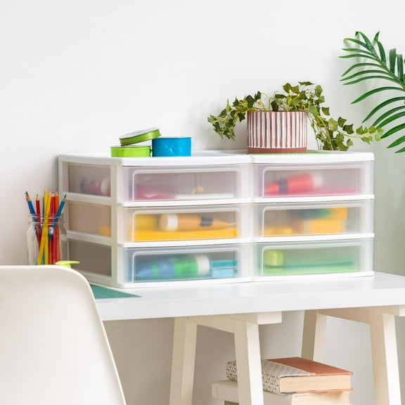 Medium 3-Drawer Desktop Organizer with Open Tray Top, 2 Pack, Plastic Drawer Storage Container for Stationery Art Craft Supplies, White