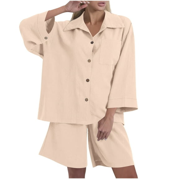 Women's 2 Piece Outfits Cotton Linen Casual Set Single Row Button Loose Sleeve Lapel Top Pocket Drawstring Shorts Set (L, Beige)