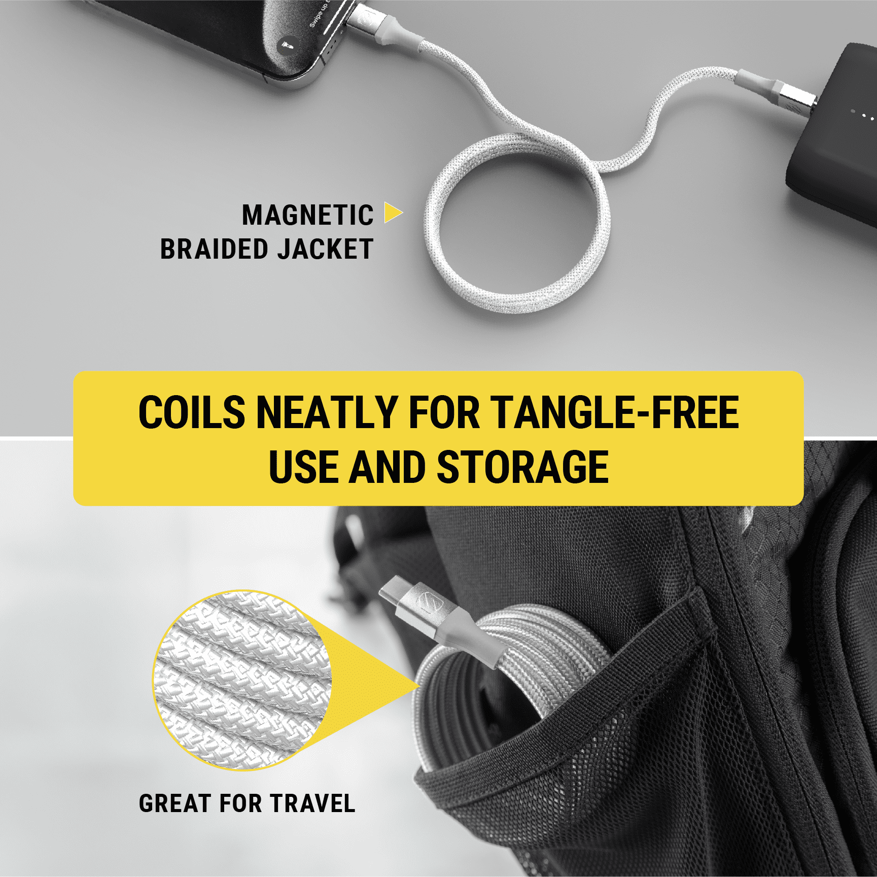 Câble tressé de recharge magnétique 60 watts USB-C à USB-C Strikeline CCBM6WT-SP Scosche 1,8 m, blanc (FRENCH) GOI F&B - Item Short Description