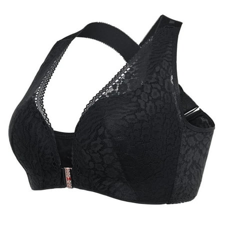 

Qcmgmg Minimizer Bras for Women Solid Front Closure Plus Size Deep V Criss Cross Lace Female Full Coverage Wireless Bra Black 95D