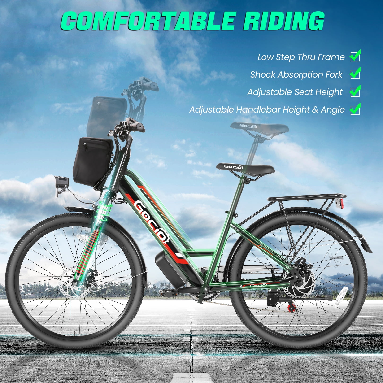 Gocio UL2849 Certified 26" Electric Bike for Adults, 750W Peak Motor, 48V 7.8Ah Battery, 19.8 mph 7-Speed Commuter Ebike with Disc Brakes