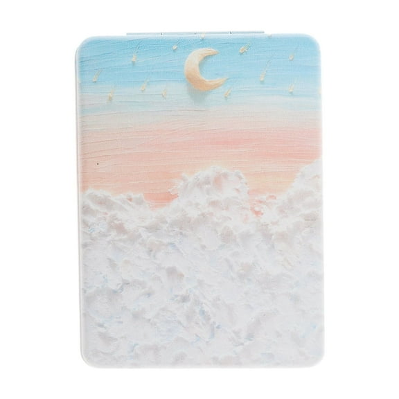 Unique Bargains 1 Pc Women Rectangular Hand-drawn Makeup Mirror for Travel Vacation Blue White Metal PU Glass