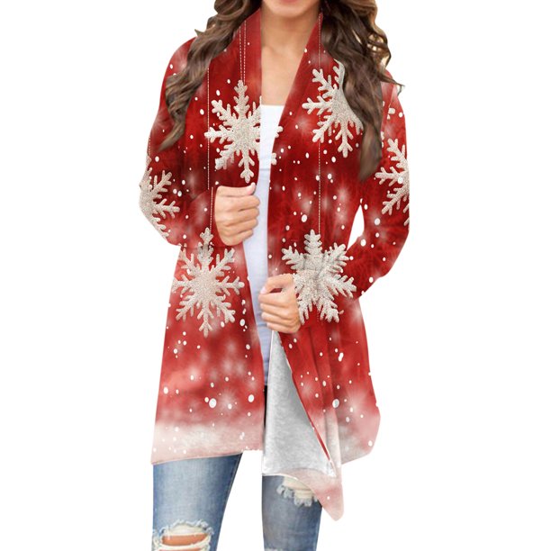 Cárdigan de manga larga con estampado navideño de moda para mujer, chaqueta de poliéster para mujer