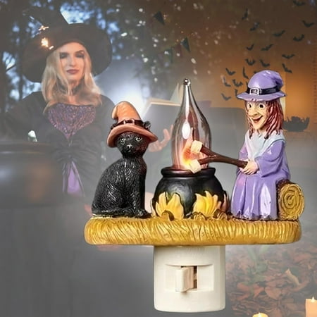 

Carmenl Clearance Deal! Cat And Witch Flickering Nightlight 3D Cat And Witch Fire Night Light Lighted Halloween Witch Roasting S At Faux LED Night Light Plu Little Night Light