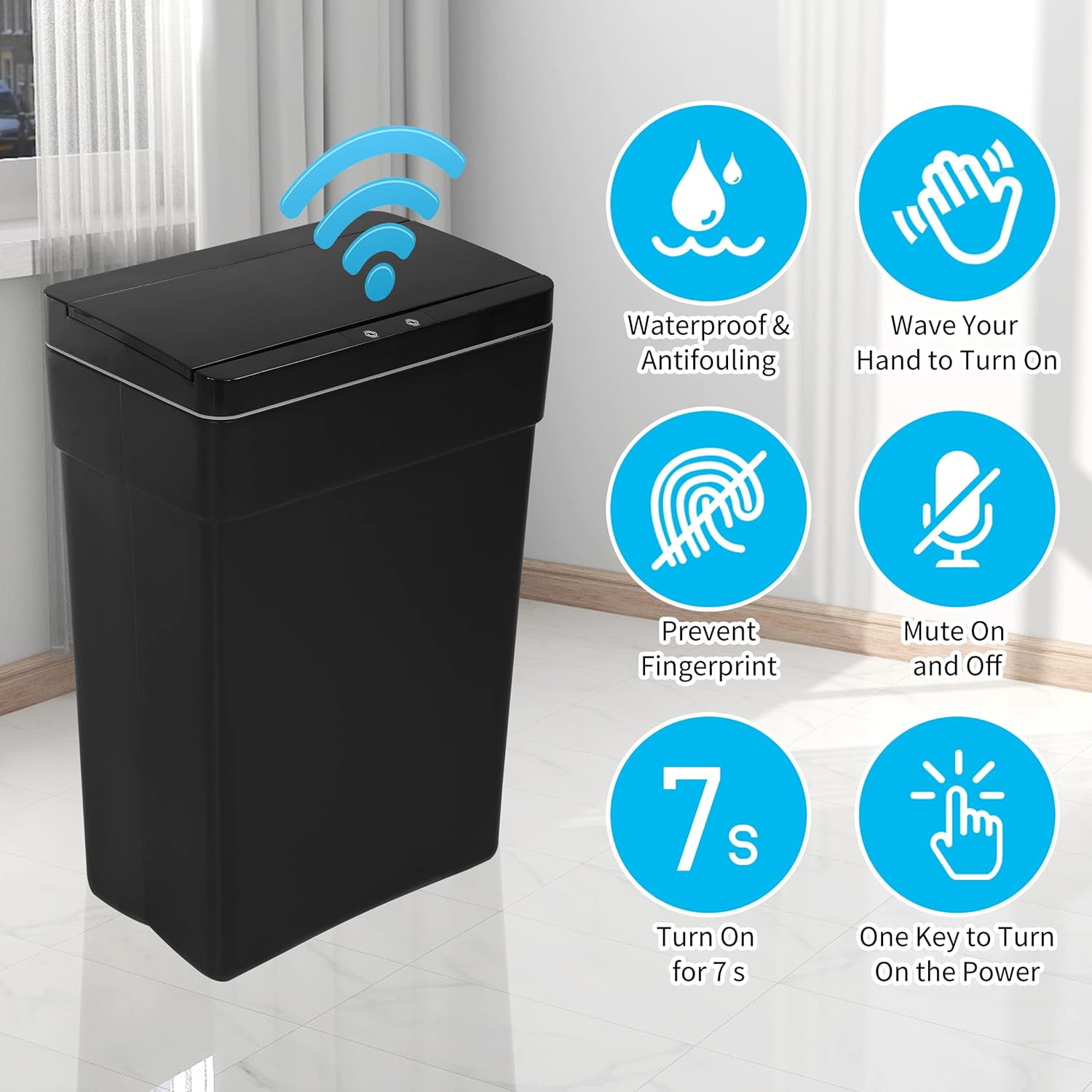 BIQWBIC 13 Gallon Plastic Automatic Trash Can,Motion Sensor Kitchen Trash Can for Kitchen, Bathroom, Office, Black