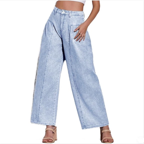 Loose Women High Waist Casual Jeans Boyfriend Wide Leg Side Pleat Denim Trousers