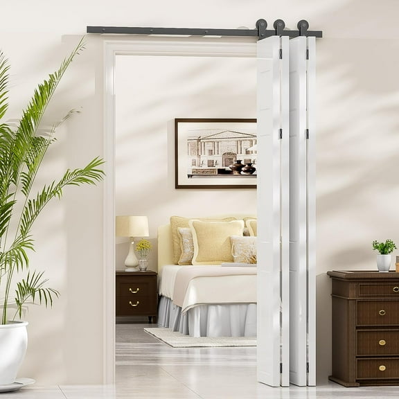 CCJH 48" Bi-Folding Barn Door Hardware Track Kit Suitable for 4 Panels Doors,New Accordion Style,Sturdy&Smoothly,Easy Install(Door Not Included)