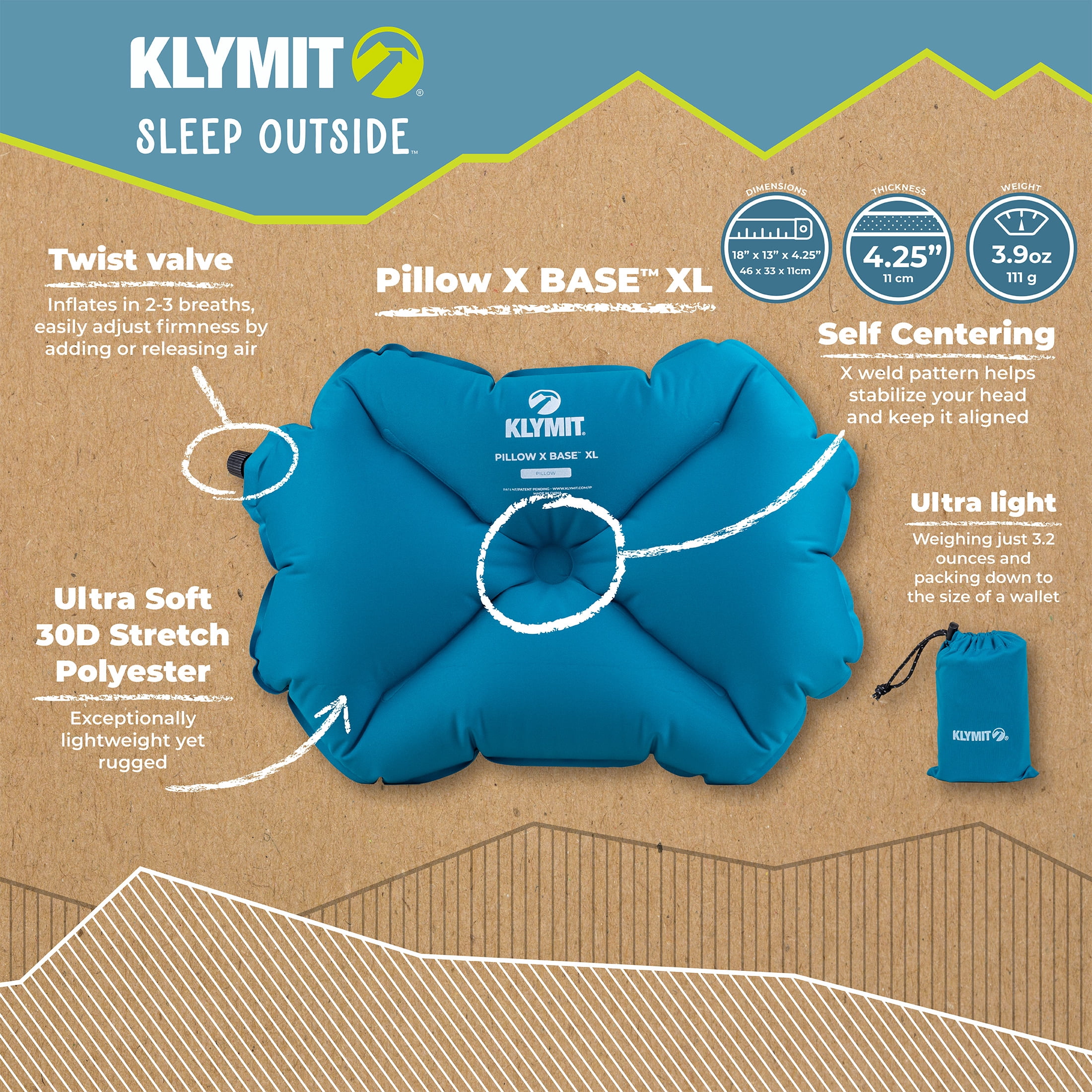 Klymit Pillow X Base XL Inflatable Lightweight Camping Pillow for Backpacking and Travel