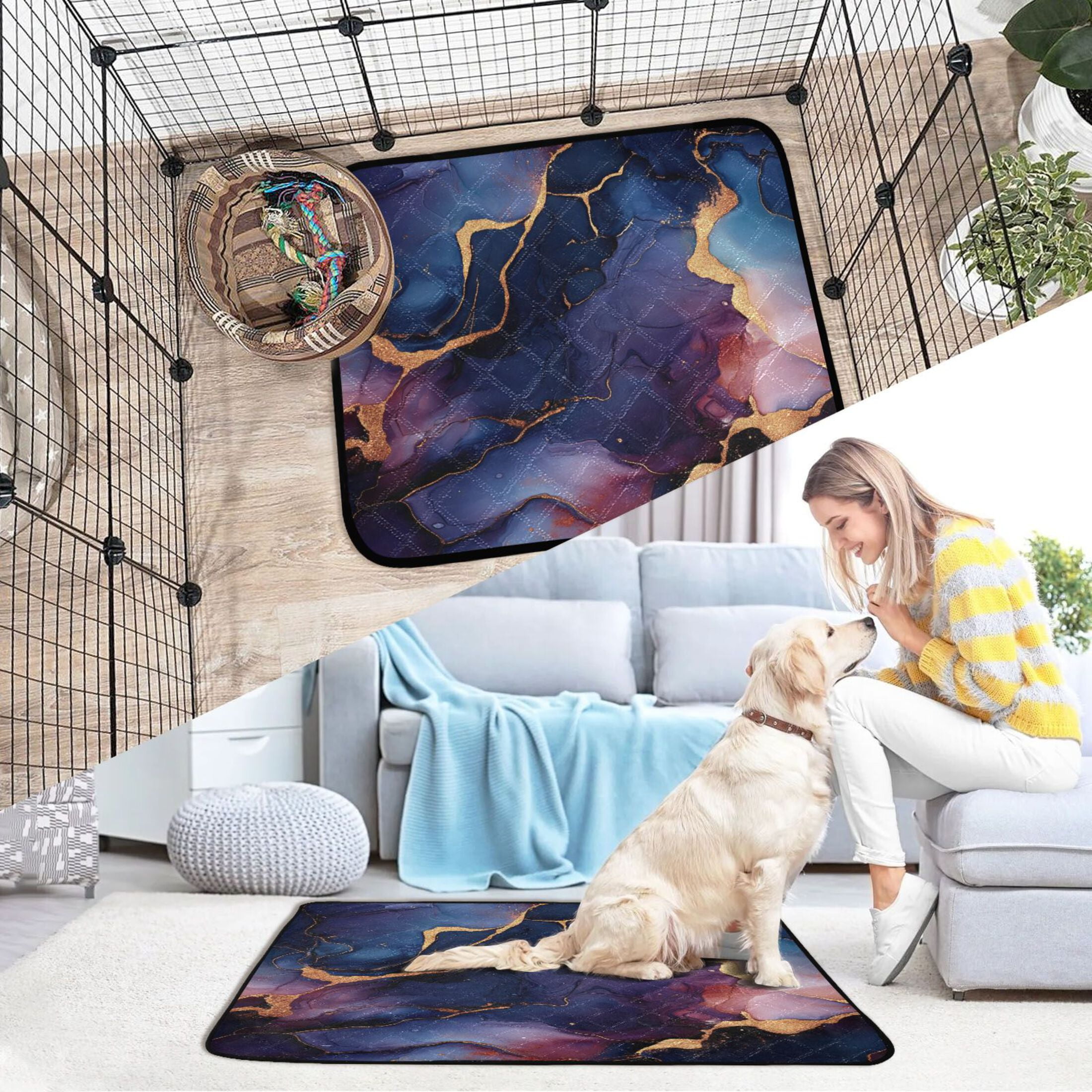 Qxltty Gilt Blue Patterns Cat litter Pads Pet Set of 3 Diaper Mats Center Anti-leakage Layer Absorbent Soft and Comfortable