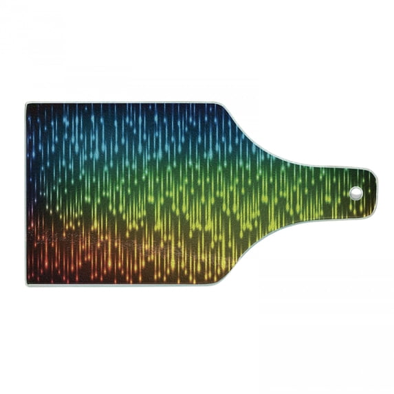 Colorful Cutting Board, Galaxy Universe Outer Space Inspired Technical Neon Rain Modern Abstract Art Print, Tempered Glass Cutting and Serving Board, Wine Bottle Shape, Multicolor, by Ambesonne