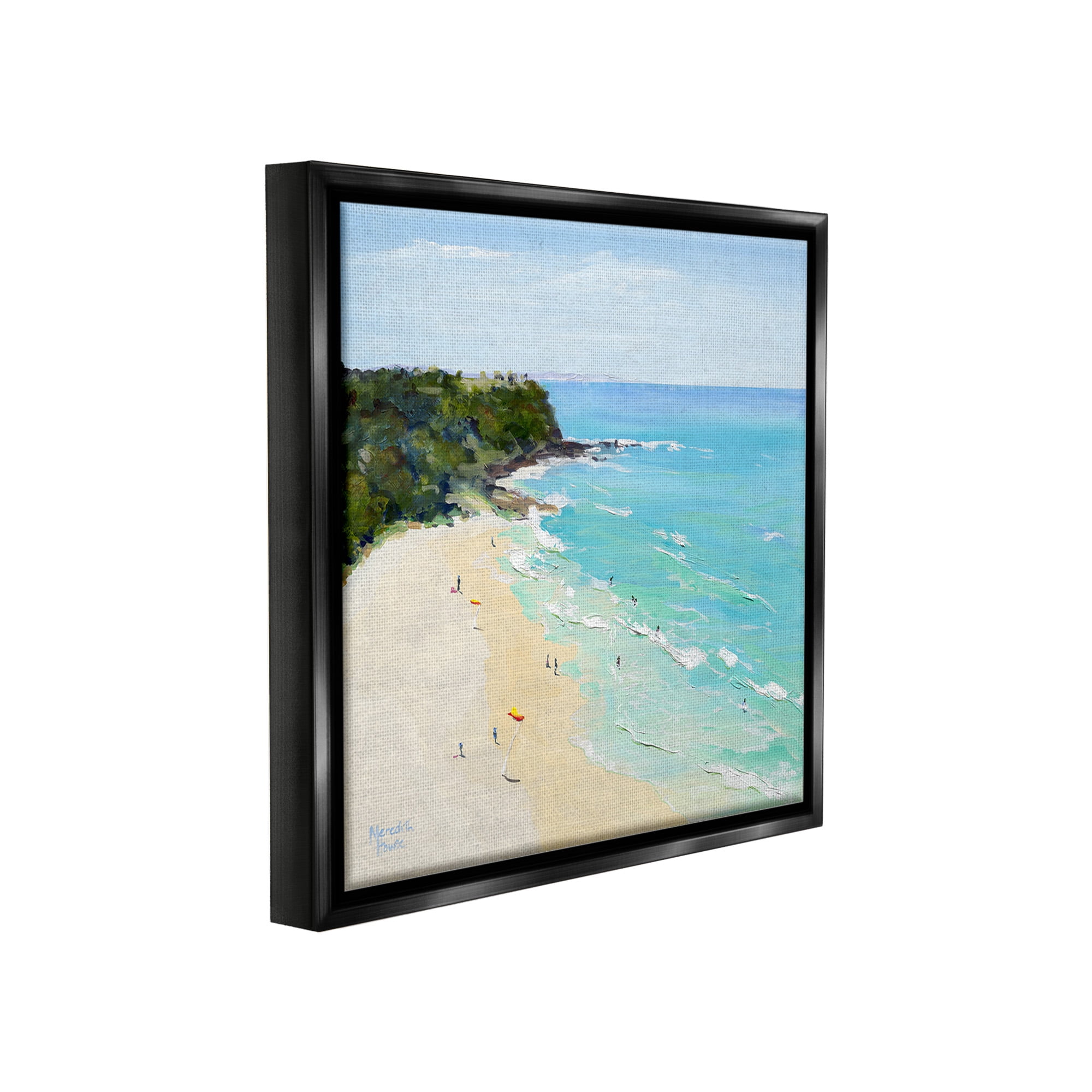 Stupell Industries Aerial Beachgoers Painting Landscape Painting Black Floater Framed Canvas Art Print Wall Art, 18 x 18