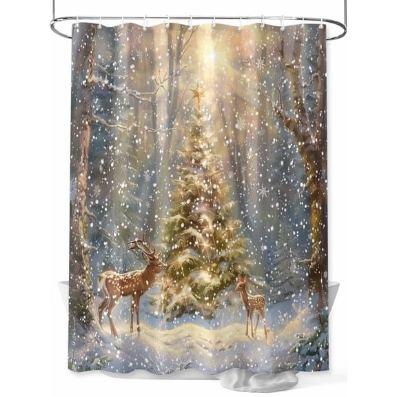 Christmas Elk Extra Long Shower Curtain Set, Waterproof Shower Curtains for Bathroom, Xmas Tree Snowflake Winter Washable Fabric Cloth Bath Curtain for Bathtub Decoration with Hooks 72x96 Inches