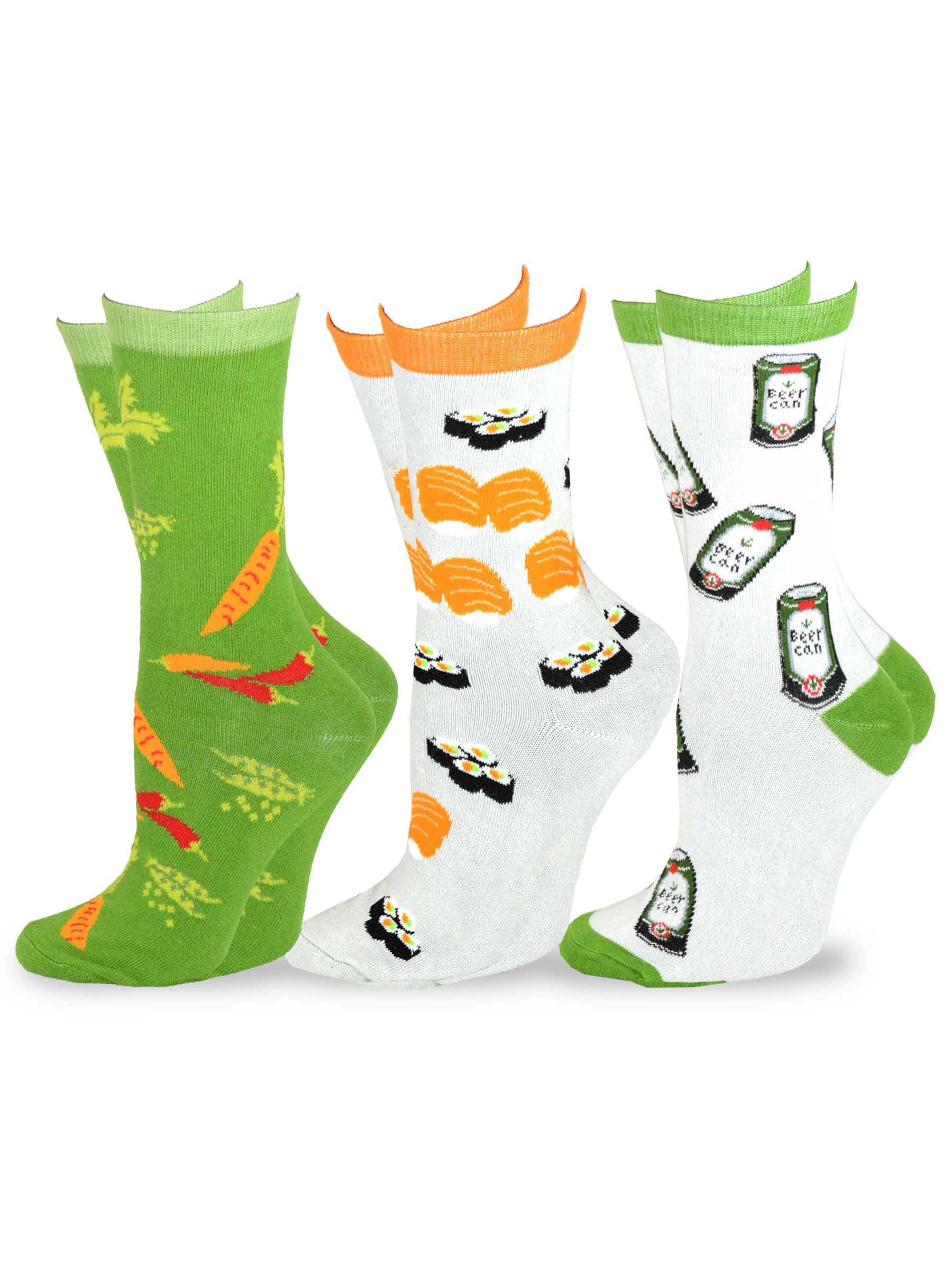 TeeHee Women's Foods Crew Socks 3Pack (Sushi and Beer Can)