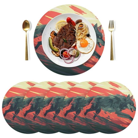 

joogoo Wolf Running Round Plate Mats for Dining Table Placemat Set of 6 Holiday Decoration