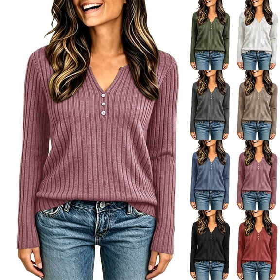 UQJfacai Lightweight Sweater For Women Button V Neck Ribbed Knit Shirts Fall Winter Pullover Tops