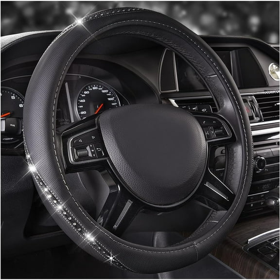 CAR PASS Bling Diamond Black Leather Steering Wheel Cover, Studded Crystal Rhinestones Universal Fit 14" 1/2-15" Glitter for Women Sparkle Girl Fit Suvs,Vans,Sedans,Car,Trucks, Silver Diamond