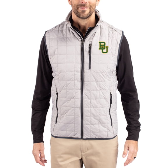 Men's-Cutter & Buck  Gray Baylor Bears Rainier Eco Insulated PrimaLoft Full-Zip Puffer Vest