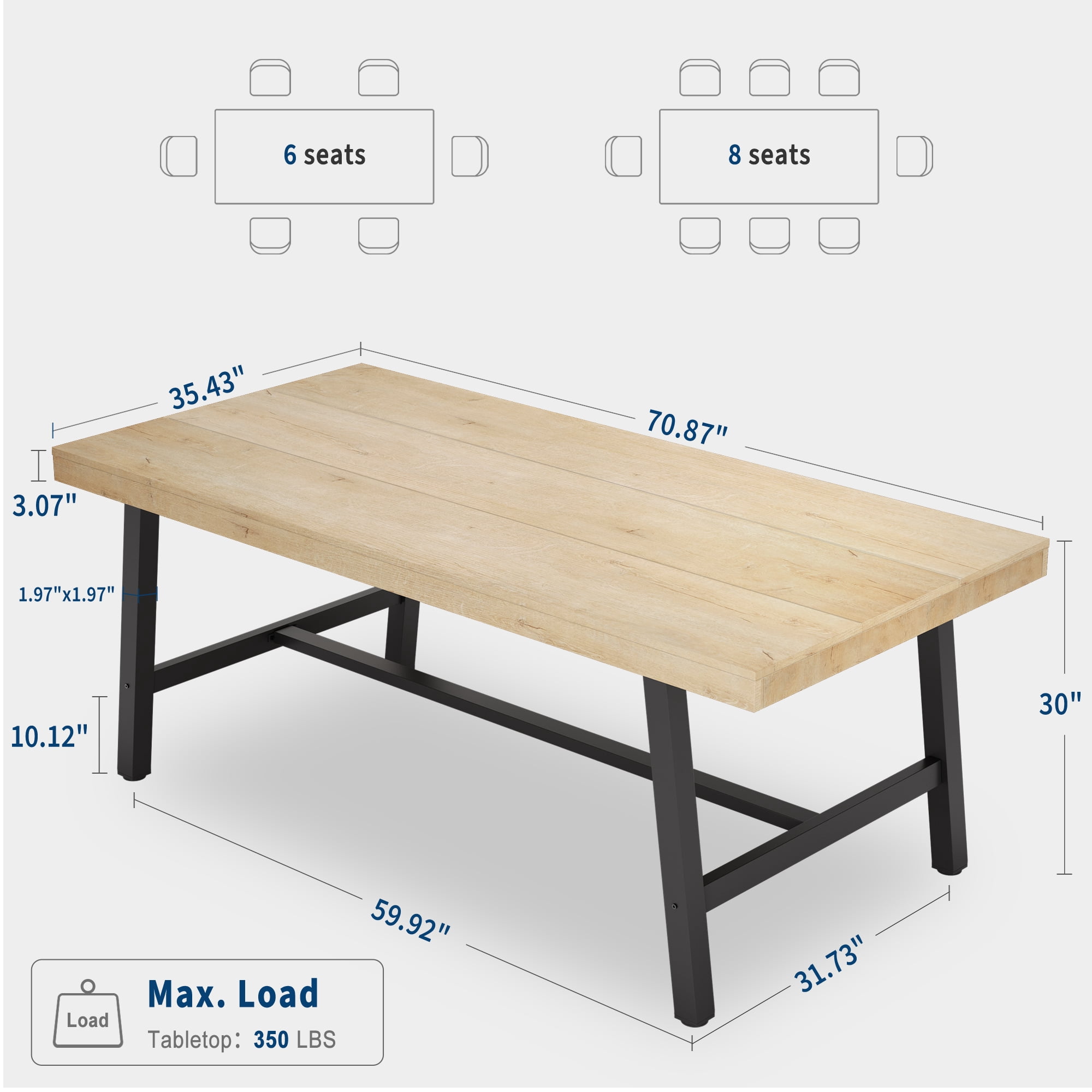 Industrial Dining Table for 6-8 People, 70.87" Long Wooden Kitchen Table with Sturdy Metal Frame & Black Finish, Seats 6 Rectangular Counter for Dinner, Kitchen, Dining Room