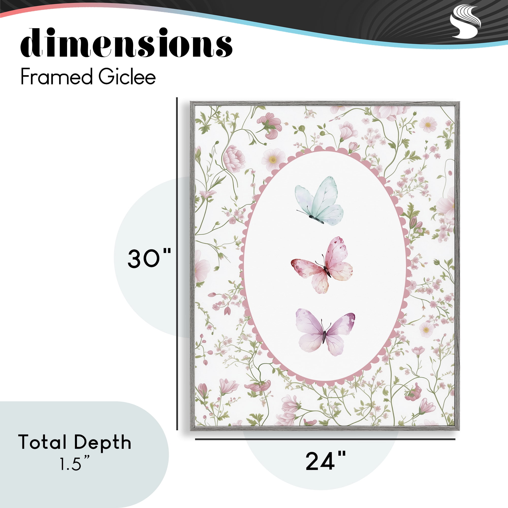 Delicate Florals & Butterfly Gray Framed Giclee Art, design by Christine Simpson Art