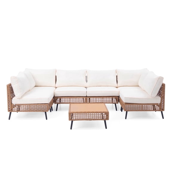 LAUSAINT HOME 7-Piece Outdoor Wicker Patio Furniture Set, Sectional Sofa Conversation Set with Cushions, Beige