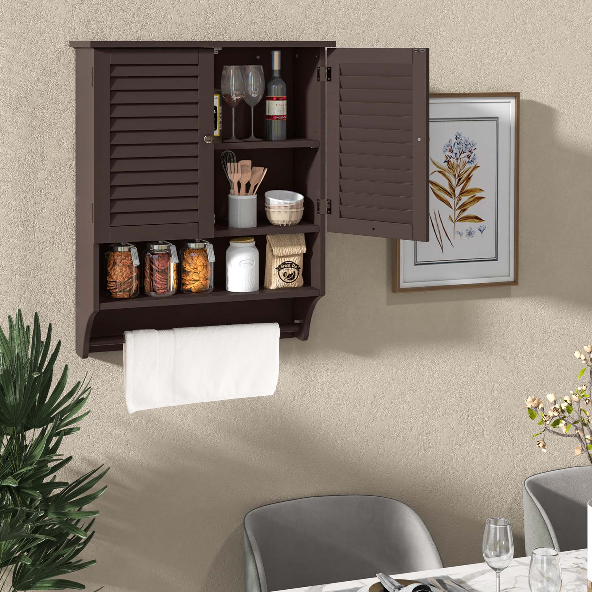 Costway Bathroom Wall Mounted Medicine Cabinet with Louvered Doors & Towel Bar Espresso