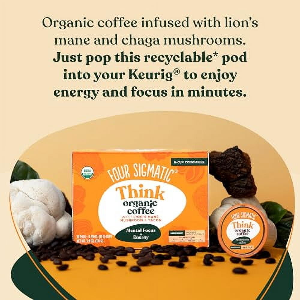 Four Sigmatic Mushroom Coffee K-Cups | Organic and Fair Trade Dark Roast Coffee with Lionâ€™s Mane Mushroom Powder & Yacon | Focus & Immune Support | Vegan & Keto | Sustainable Pods | 10 Count