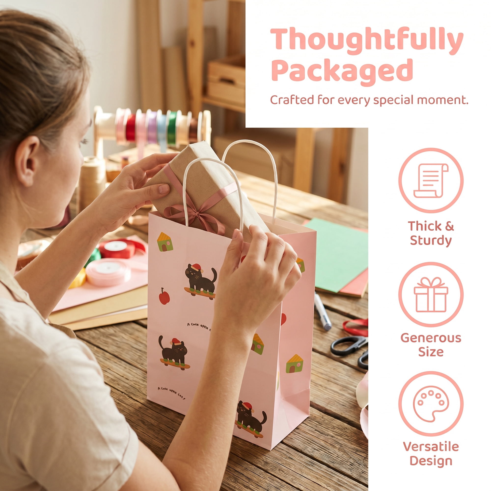 Unique Bargains Cute Playful Cartoon Gift Bags with Handles White 8.3" x 4.3" x 10.6"