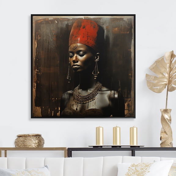 Designart "Diva African American Woman in Black and Red II" Fashion Framed Wall Art - Glam Gold Woman Egyptian Entryway Framed Wall Art Print